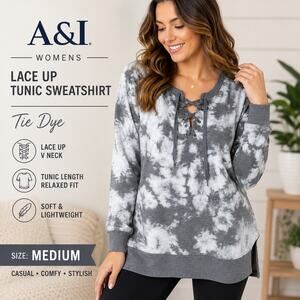 A&I Womens Tie Dye Tunic Sweatshirt Lace Up V Neck Long Sleeve Gray Medium